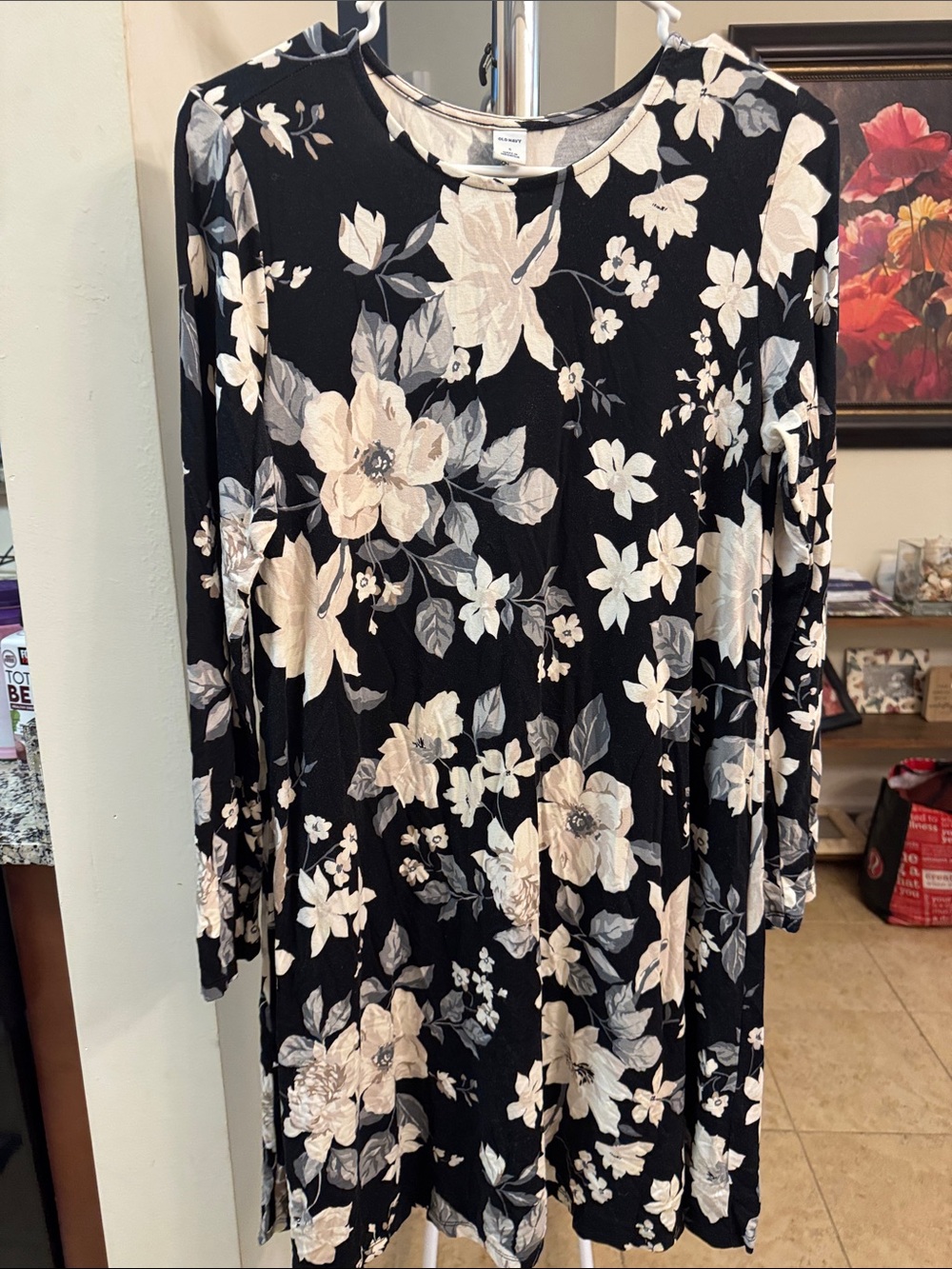 Old Navy Black Long-Sleeve Floral Swing Dress
